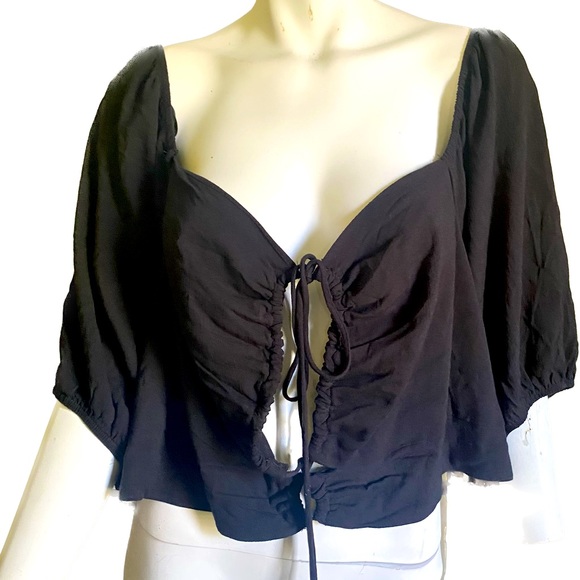 Ladies puffy sleeve cut out peekaboo lace up crop top blouse halter club night - Picture 3 of 4